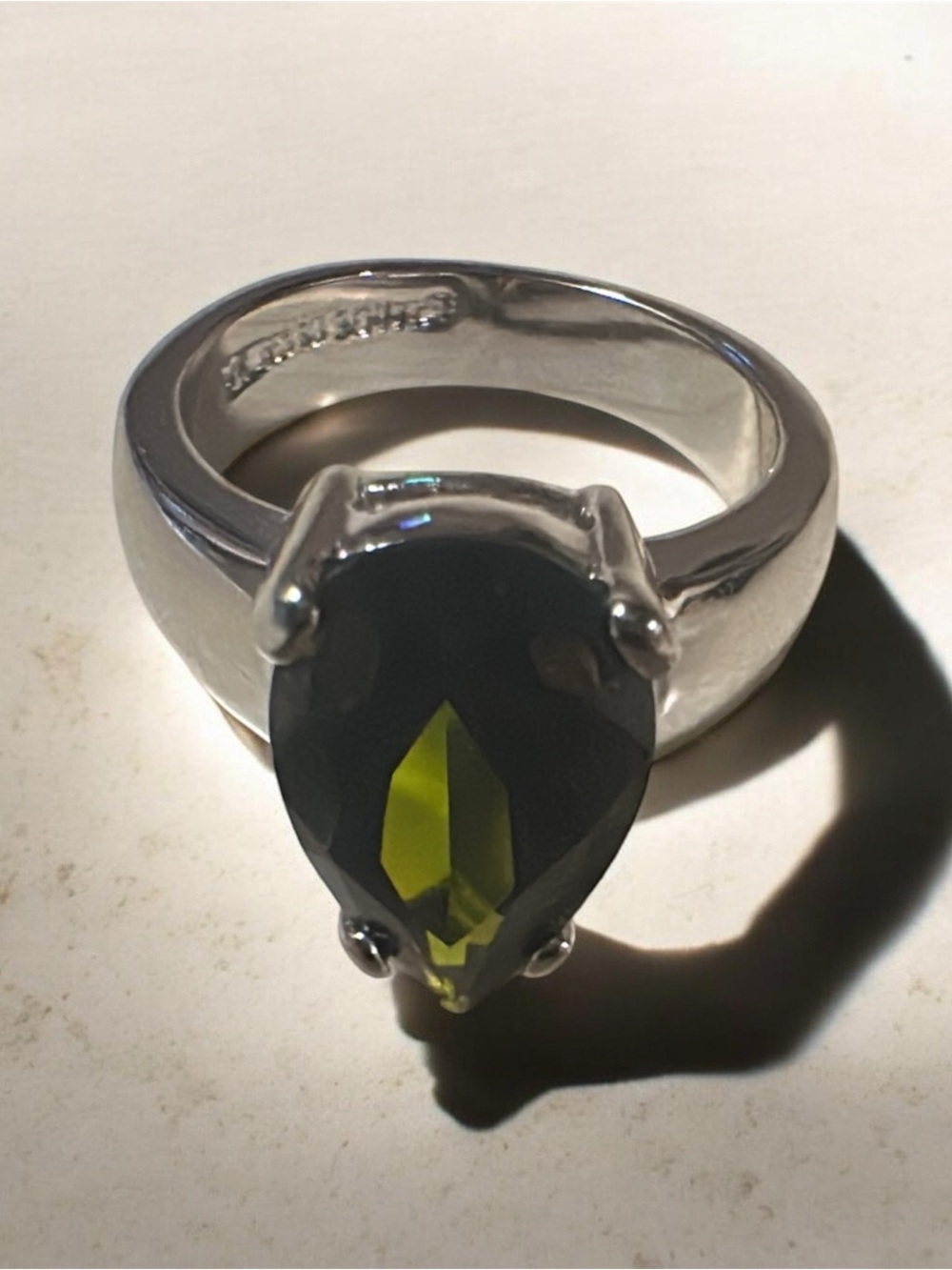 Rhodium, plated Pear-Cut Olive Green Gemstone Ring